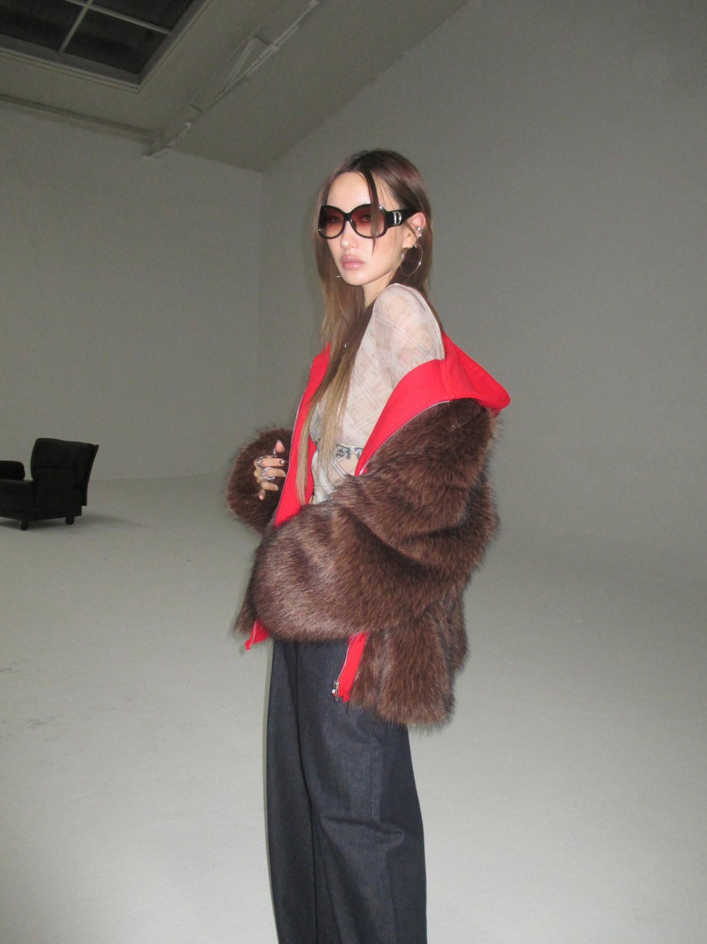 FOURFORTY Hooded Star Rivet Detail Women's Eco Friendly Faux Fur Coats