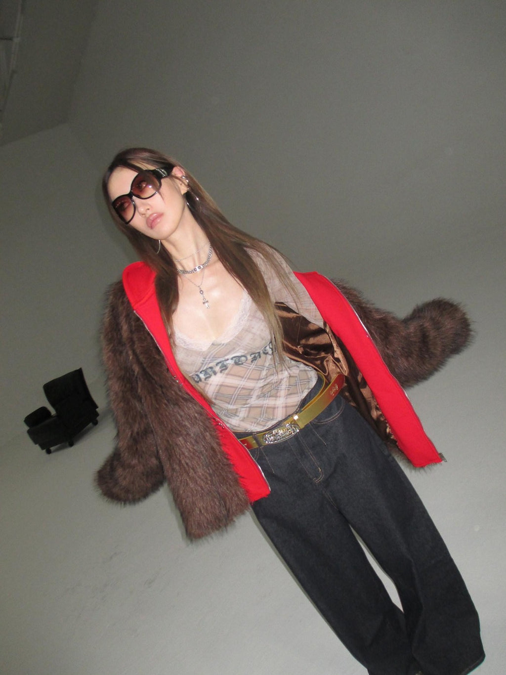 FOURFORTY Hooded Star Rivet Detail Women's Eco Friendly Faux Fur Coats