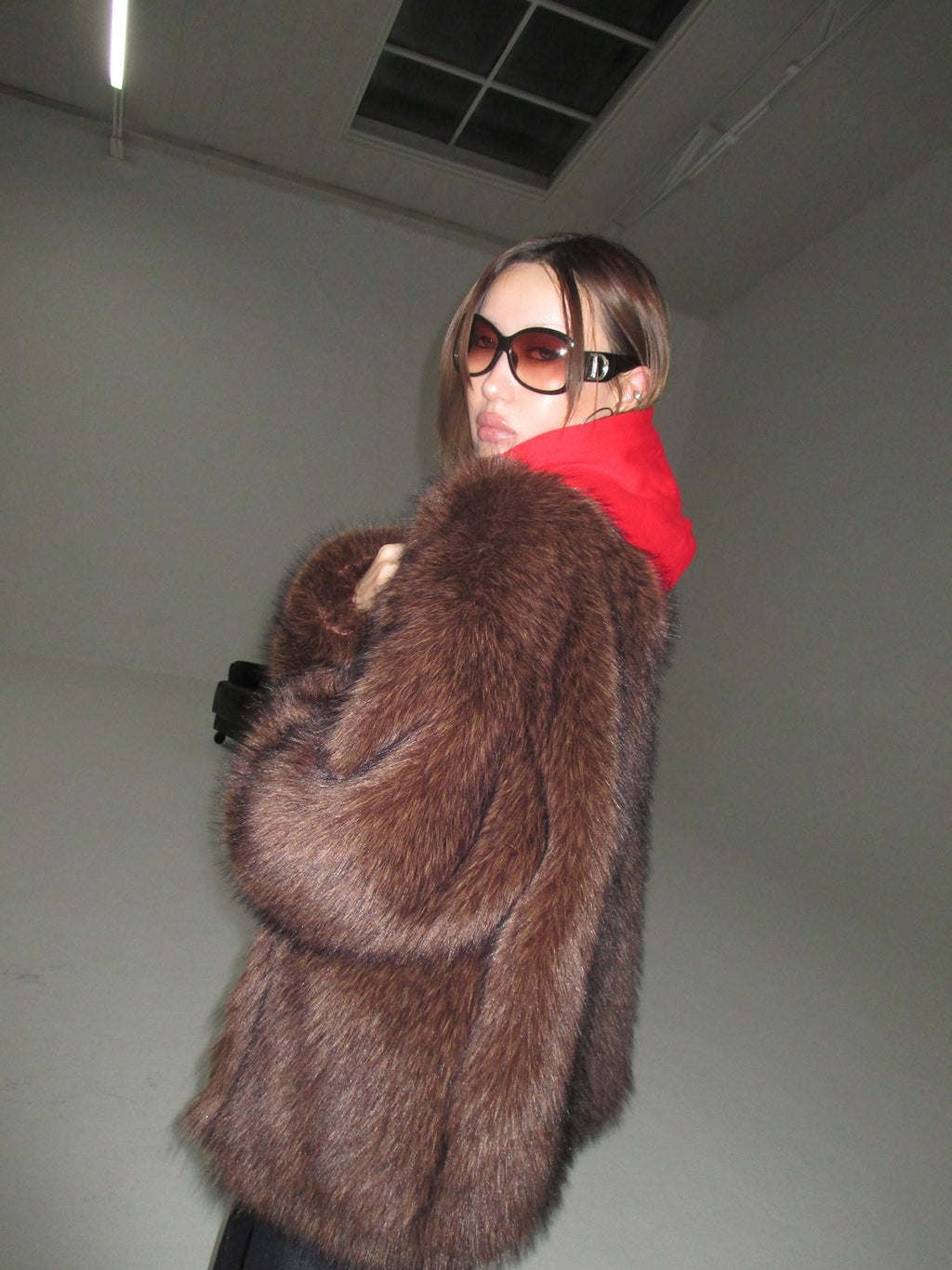 FOURFORTY Hooded Star Rivet Detail Women's Eco Friendly Faux Fur Coats