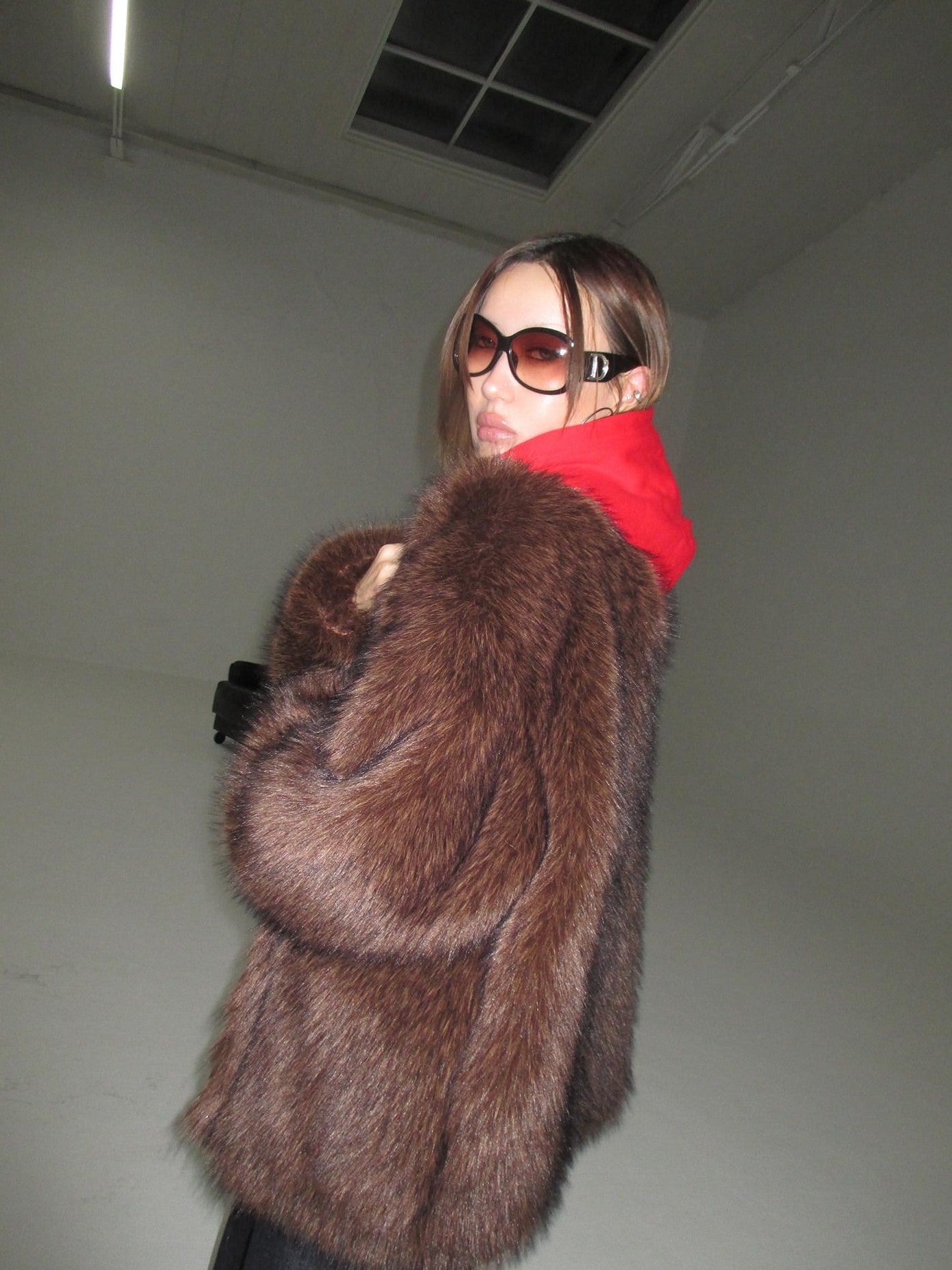 FOURFORTY Hooded Star Rivet Detail Women's Eco Friendly Faux Fur Coats