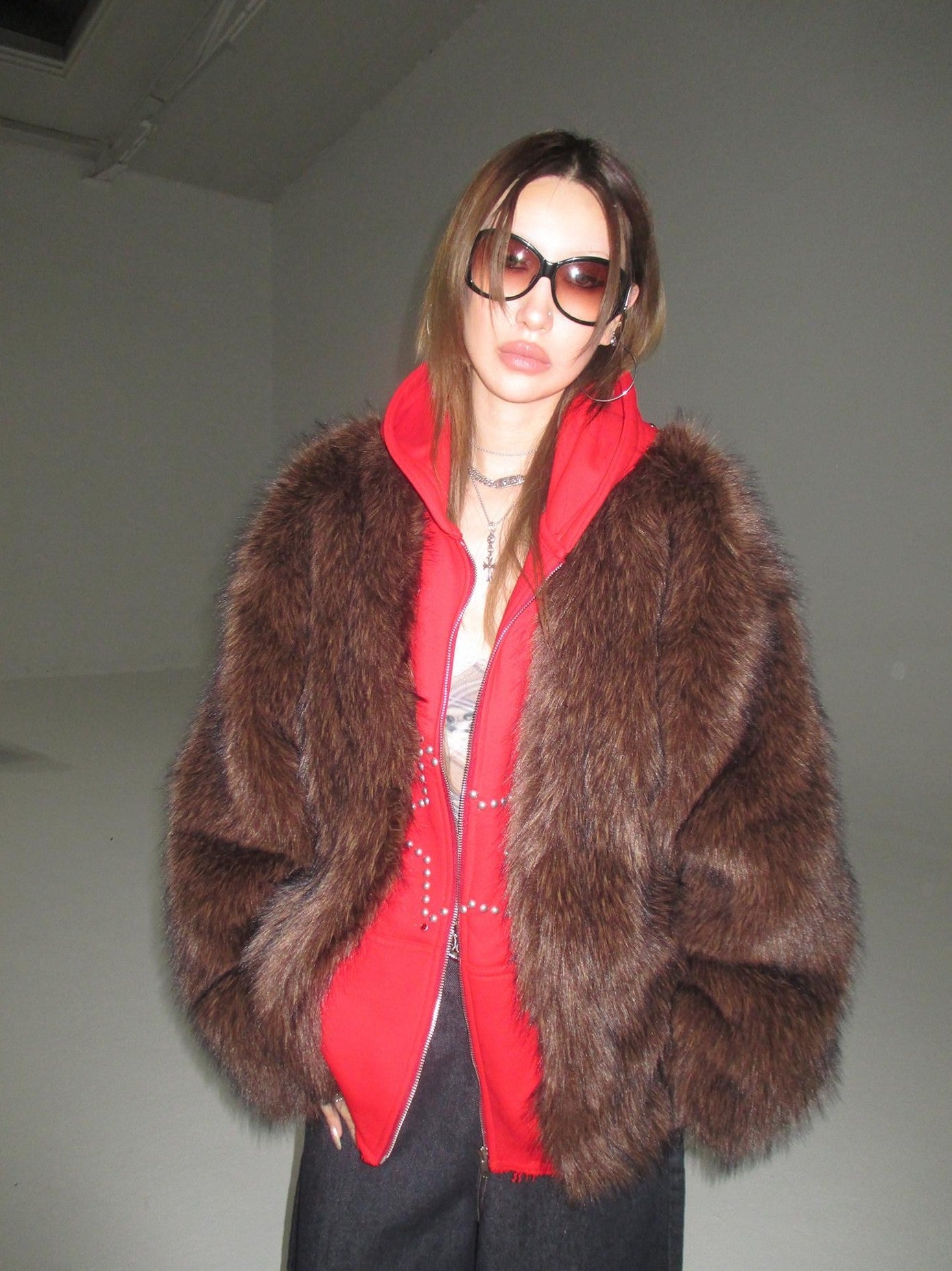 FOURFORTY Hooded Star Rivet Detail Women's Eco Friendly Faux Fur Coats