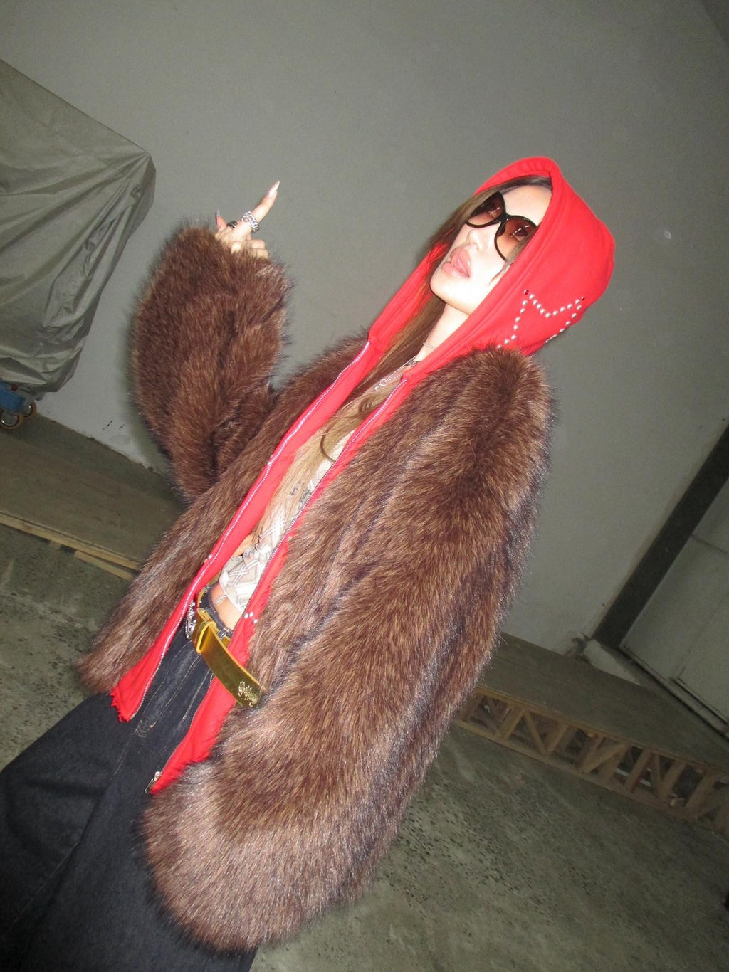 FOURFORTY Hooded Star Rivet Detail Women's Eco Friendly Faux Fur Coats