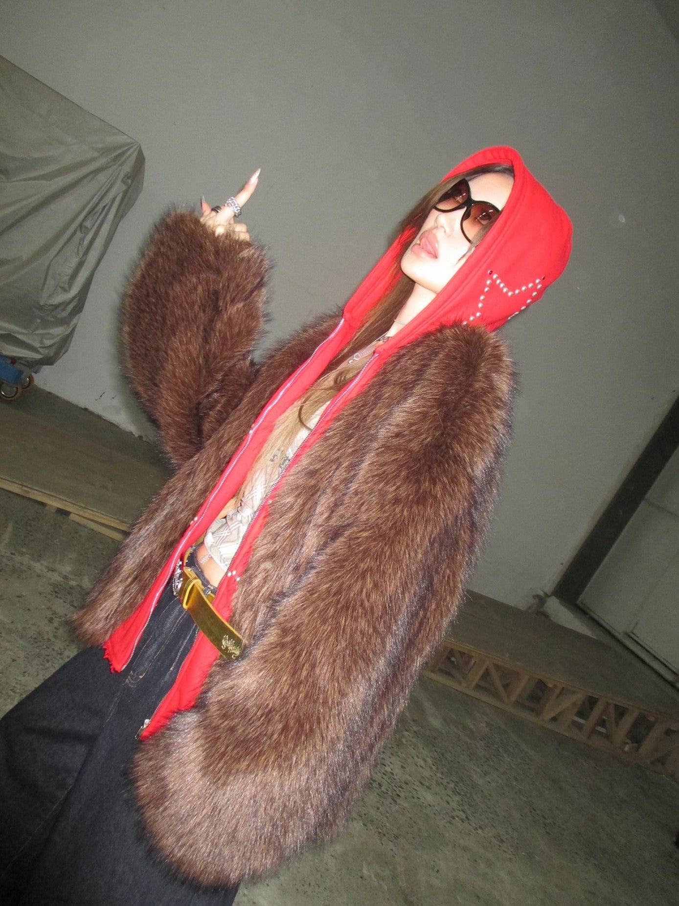 FOURFORTY Hooded Star Rivet Detail Women's Eco Friendly Faux Fur Coats