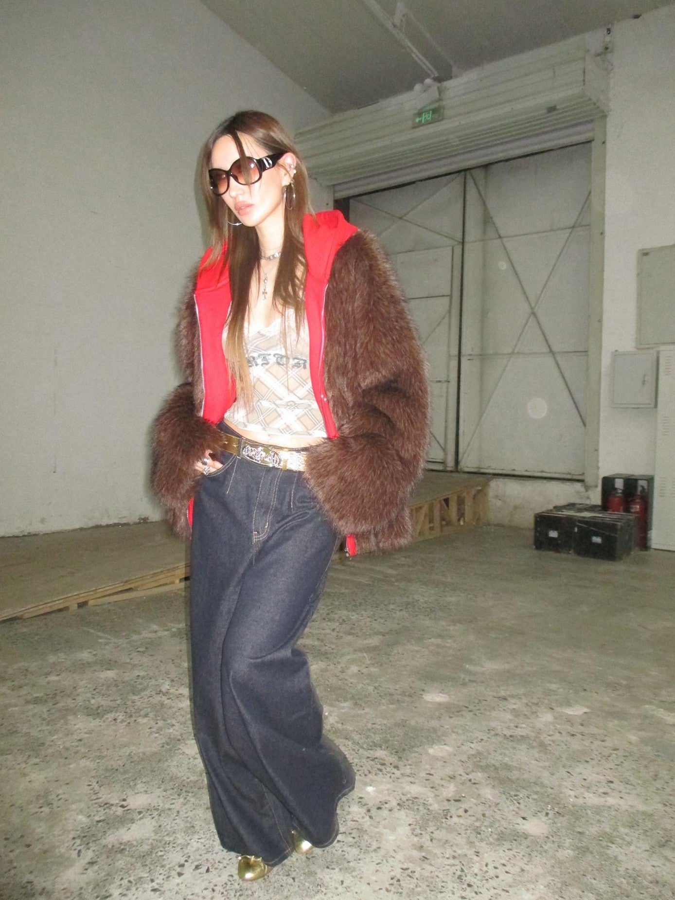 FOURFORTY Hooded Star Rivet Detail Women's Eco Friendly Faux Fur Coats
