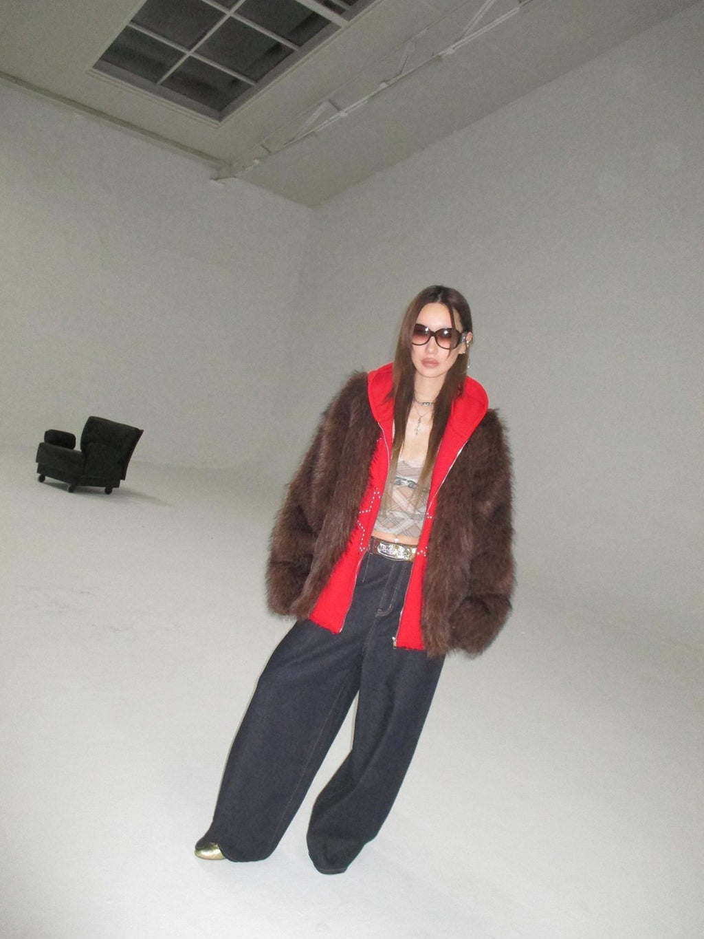 FOURFORTY Hooded Star Rivet Detail Women's Eco Friendly Faux Fur Coats