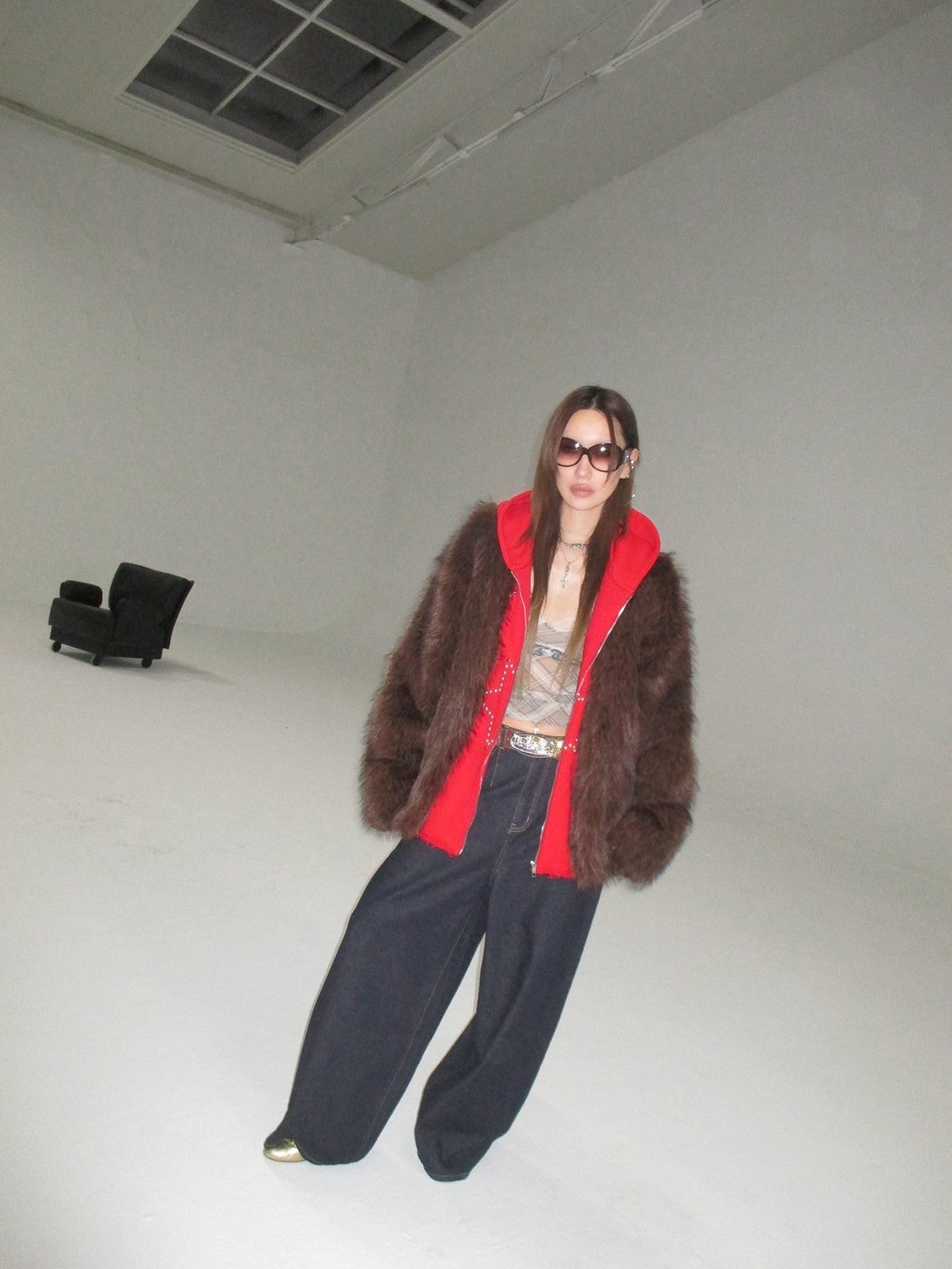 FOURFORTY Hooded Star Rivet Detail Women's Eco Friendly Faux Fur Coats