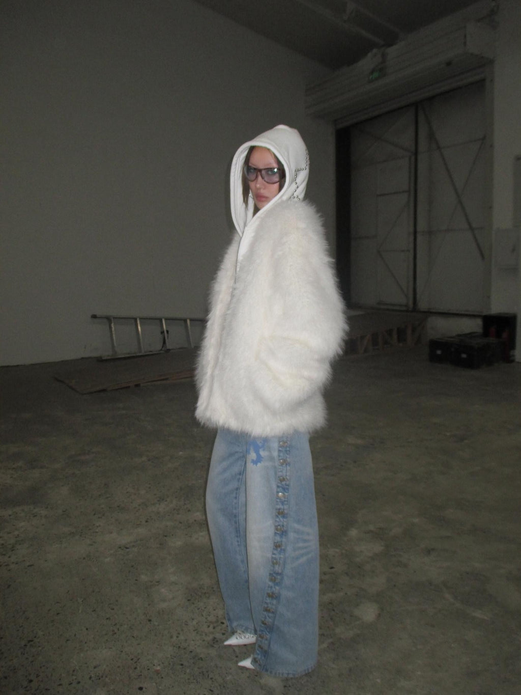 FOURFORTY Hooded Star Rivet Detail Women's Eco Friendly Faux Fur Coats