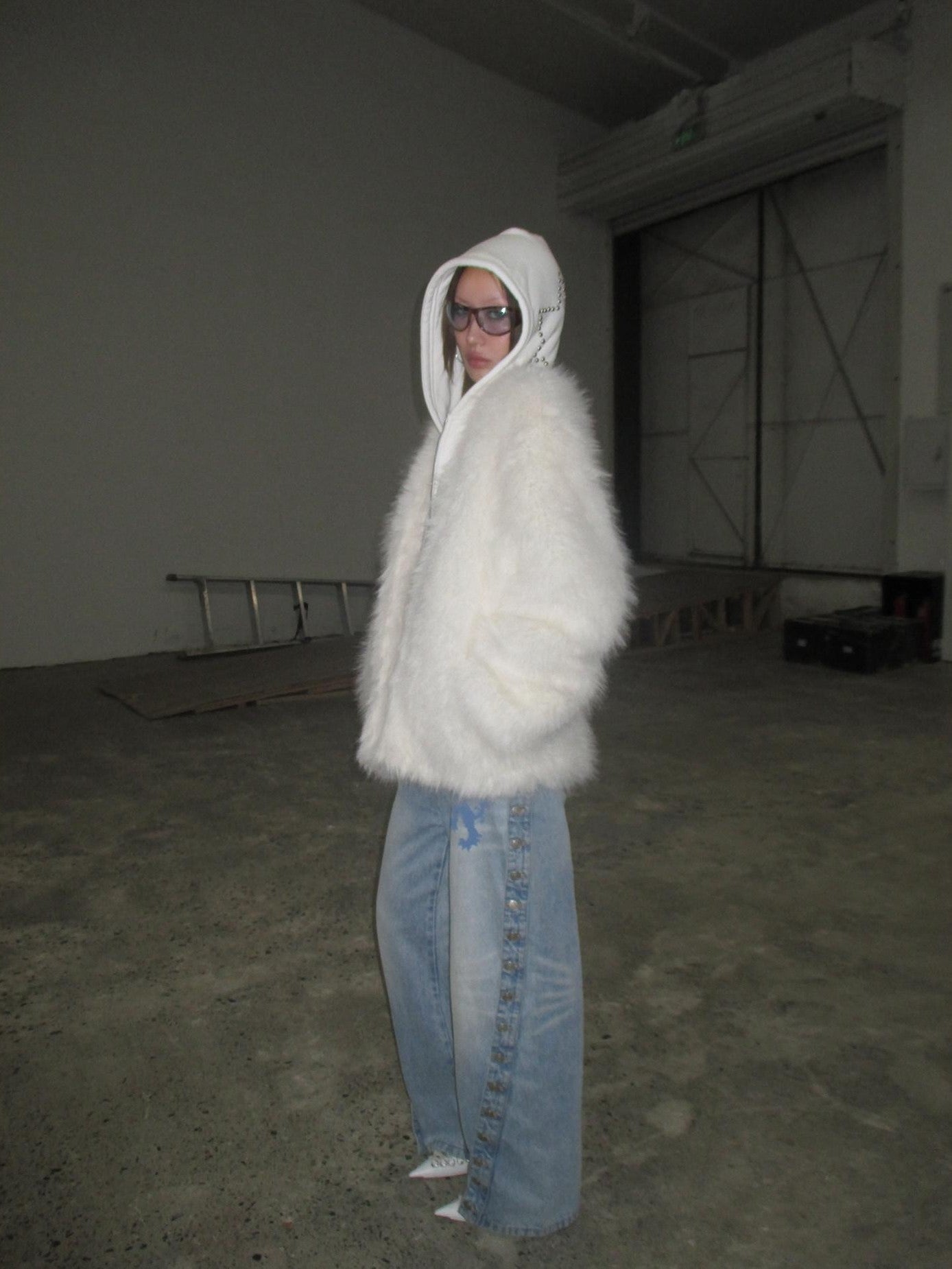 FOURFORTY Hooded Star Rivet Detail Women's Eco Friendly Faux Fur Coats