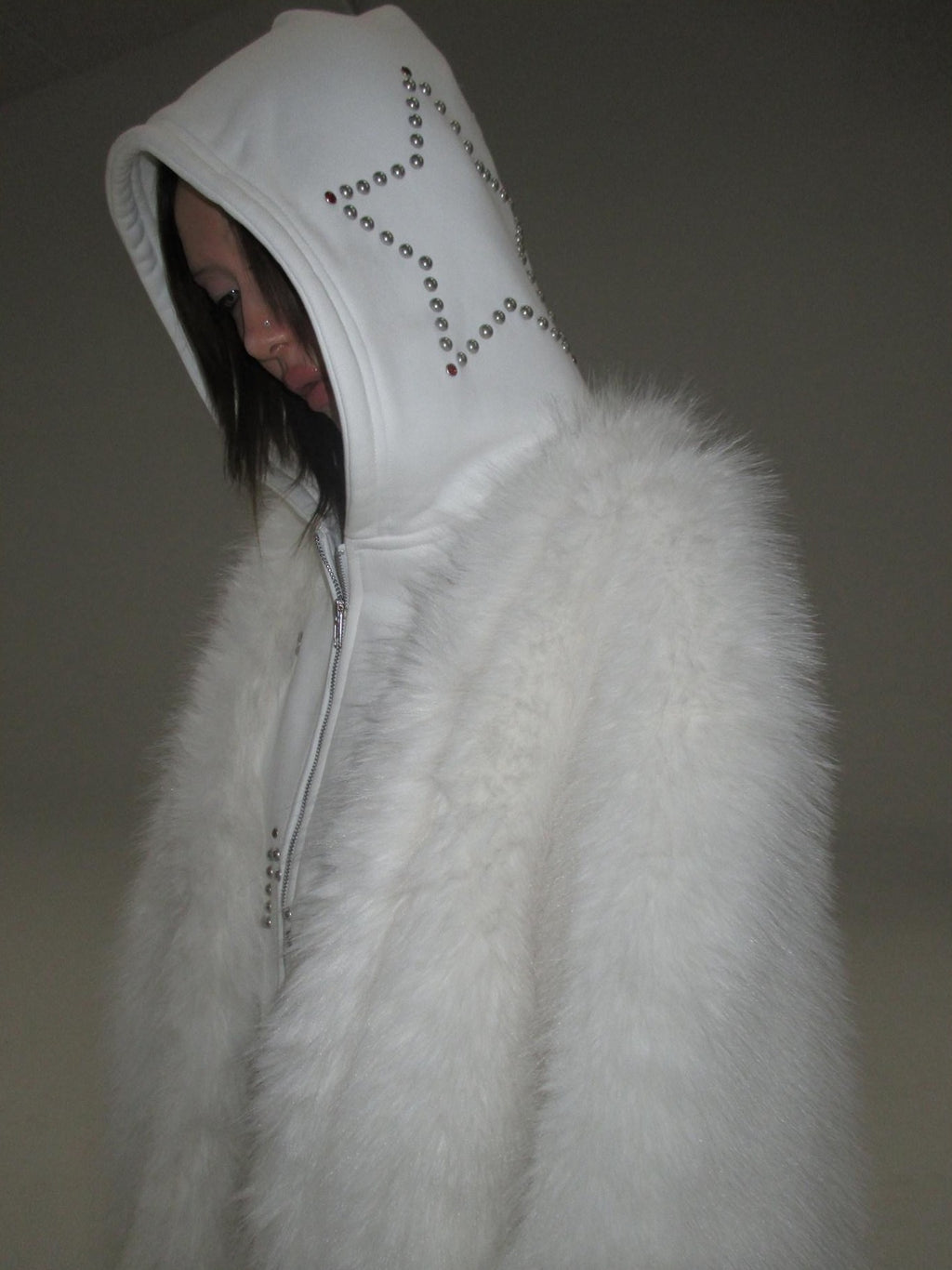 FOURFORTY Hooded Star Rivet Detail Women's Eco Friendly Faux Fur Coats