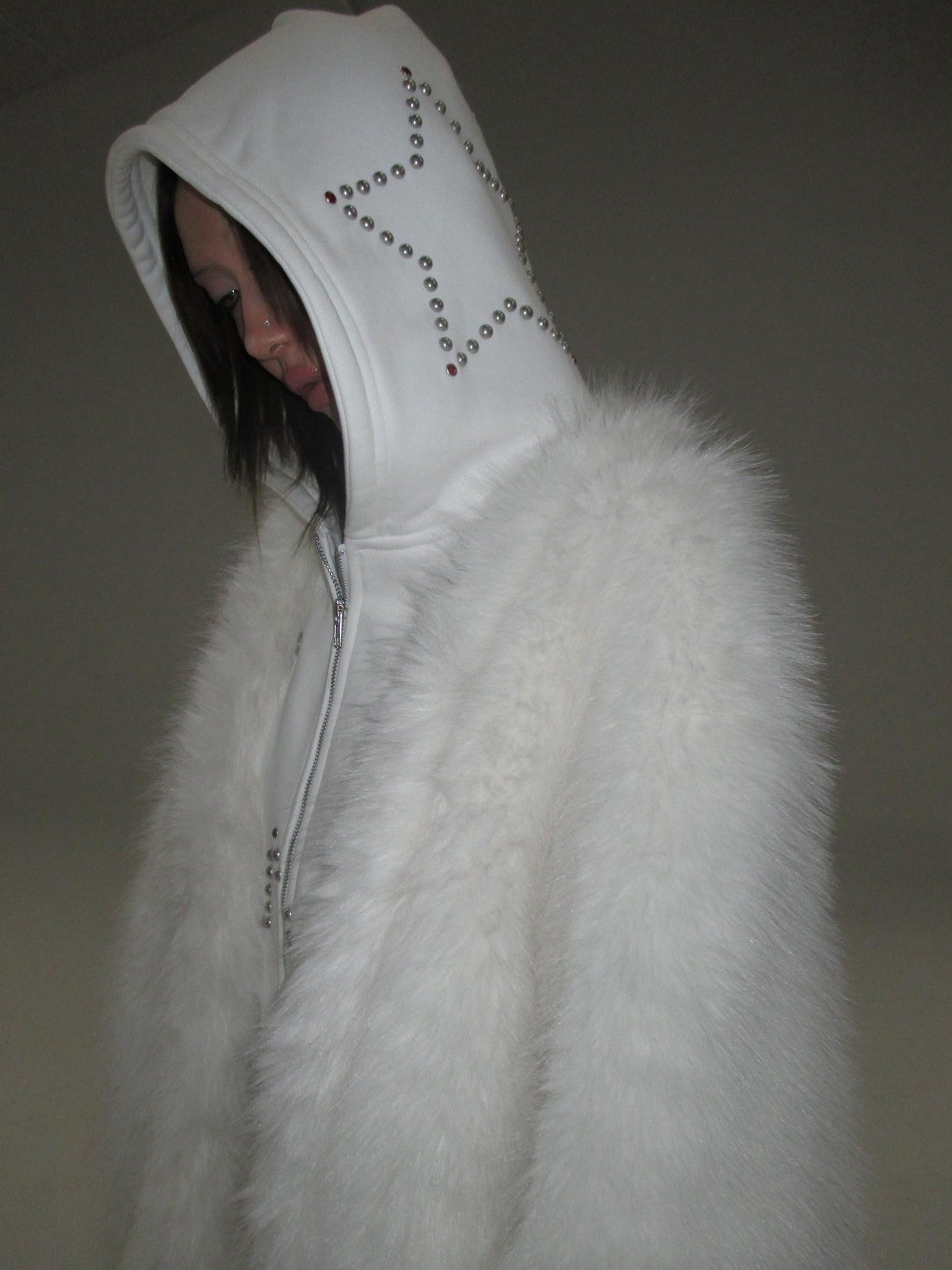 FOURFORTY Hooded Star Rivet Detail Women's Eco Friendly Faux Fur Coats