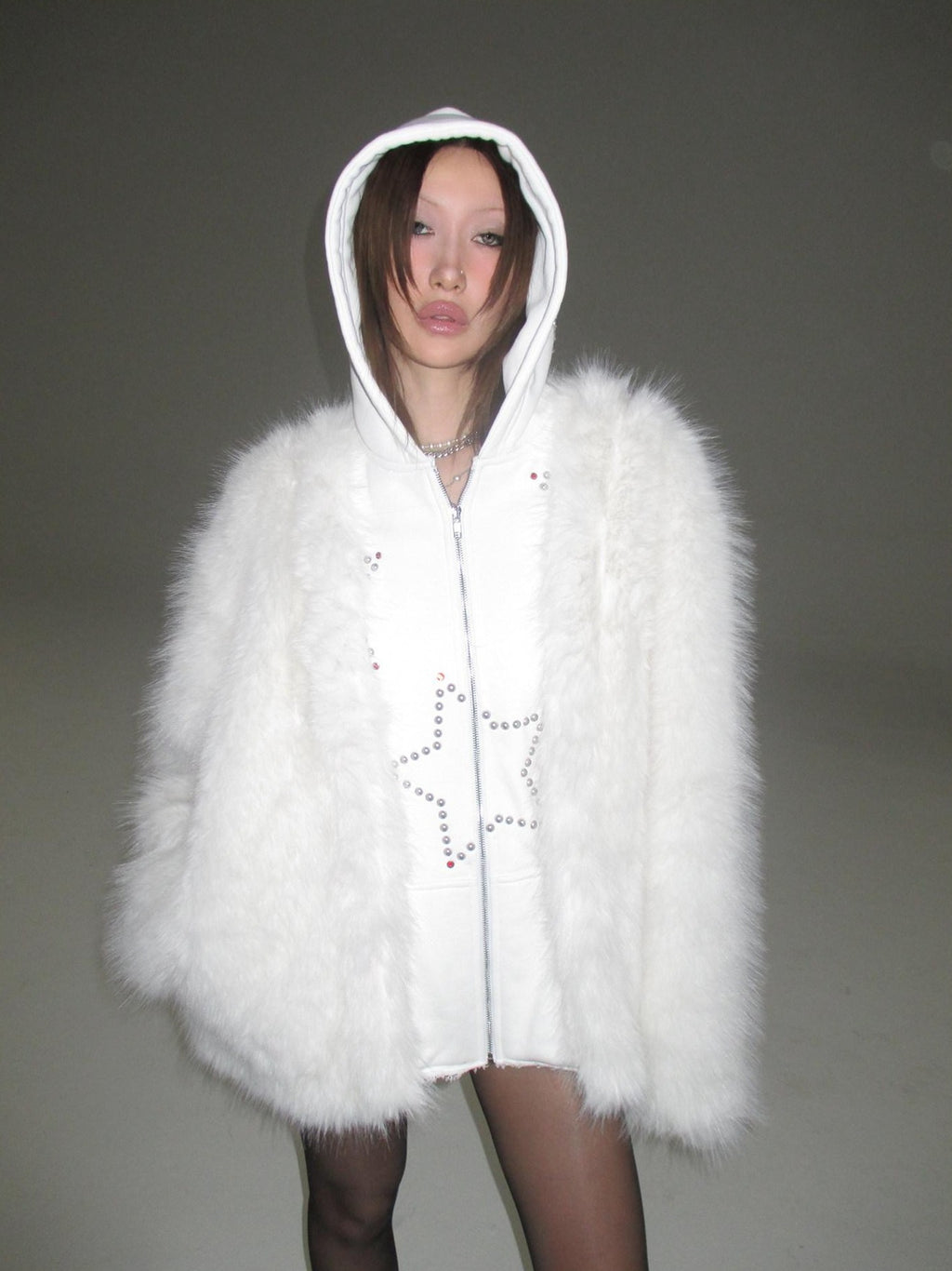 FOURFORTY Hooded Star Rivet Detail Women's Eco Friendly Faux Fur Coats