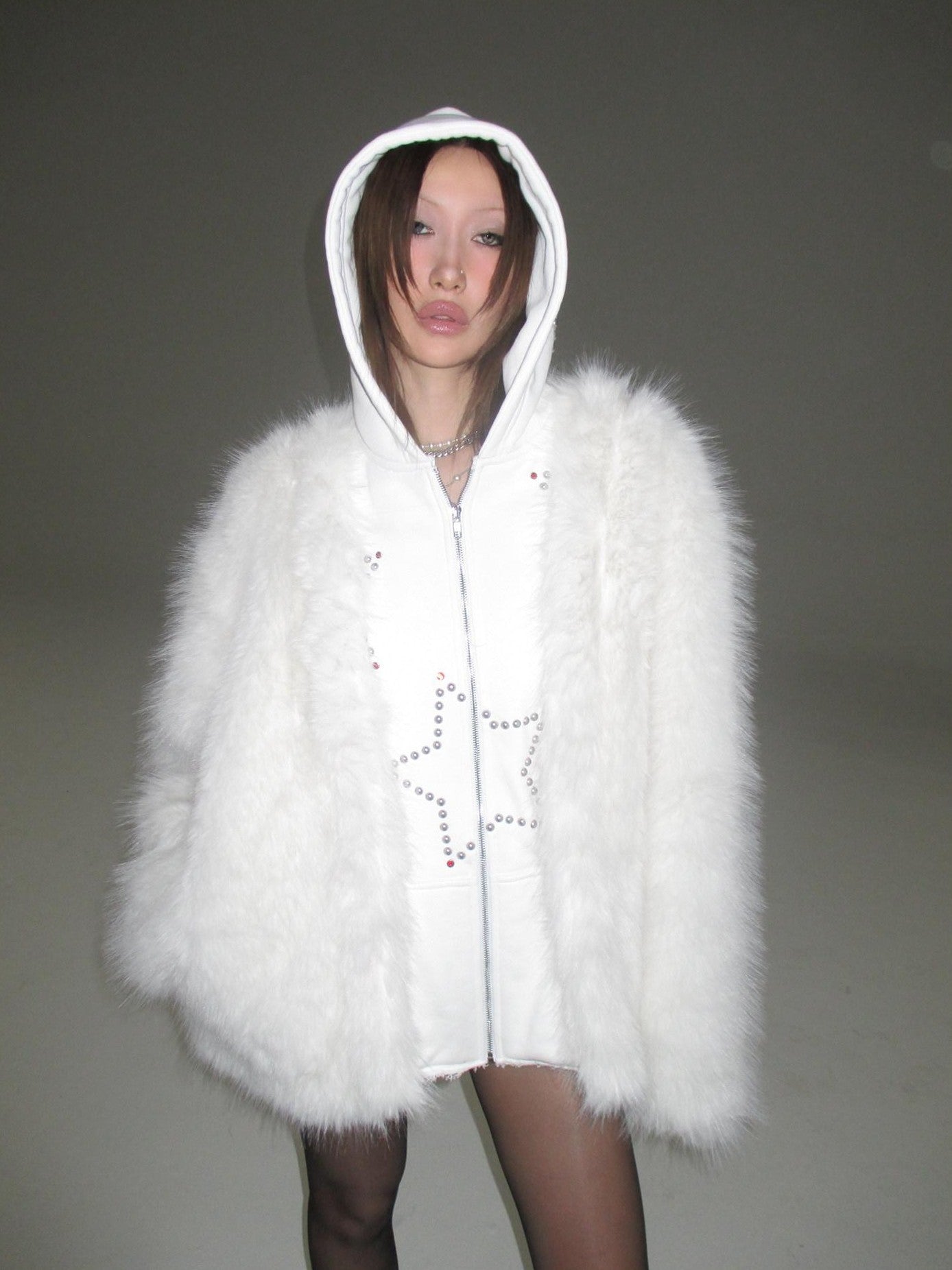 FOURFORTY Hooded Star Rivet Detail Women's Eco Friendly Faux Fur Coats