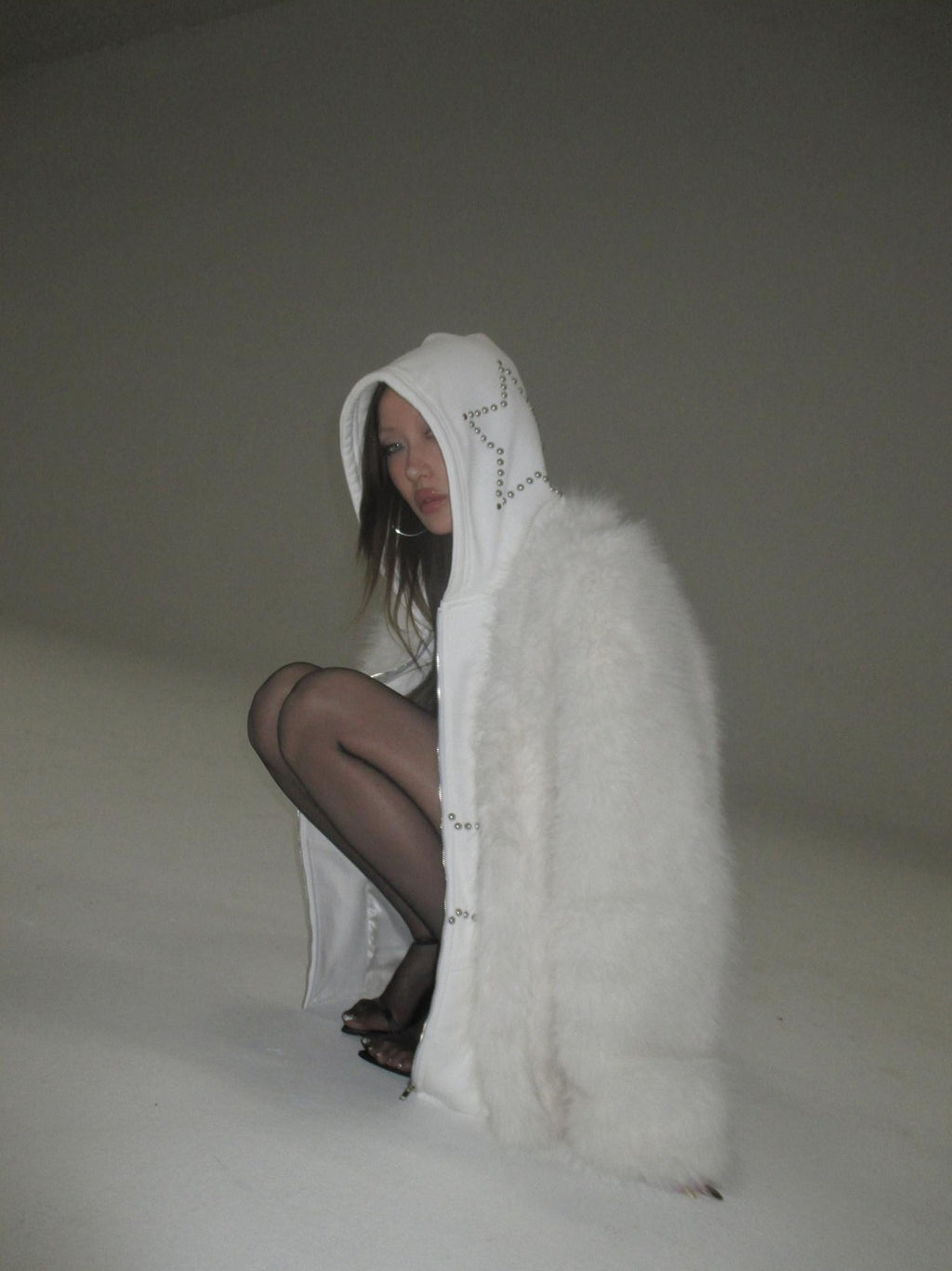 FOURFORTY Hooded Star Rivet Detail Women's Eco Friendly Faux Fur Coats