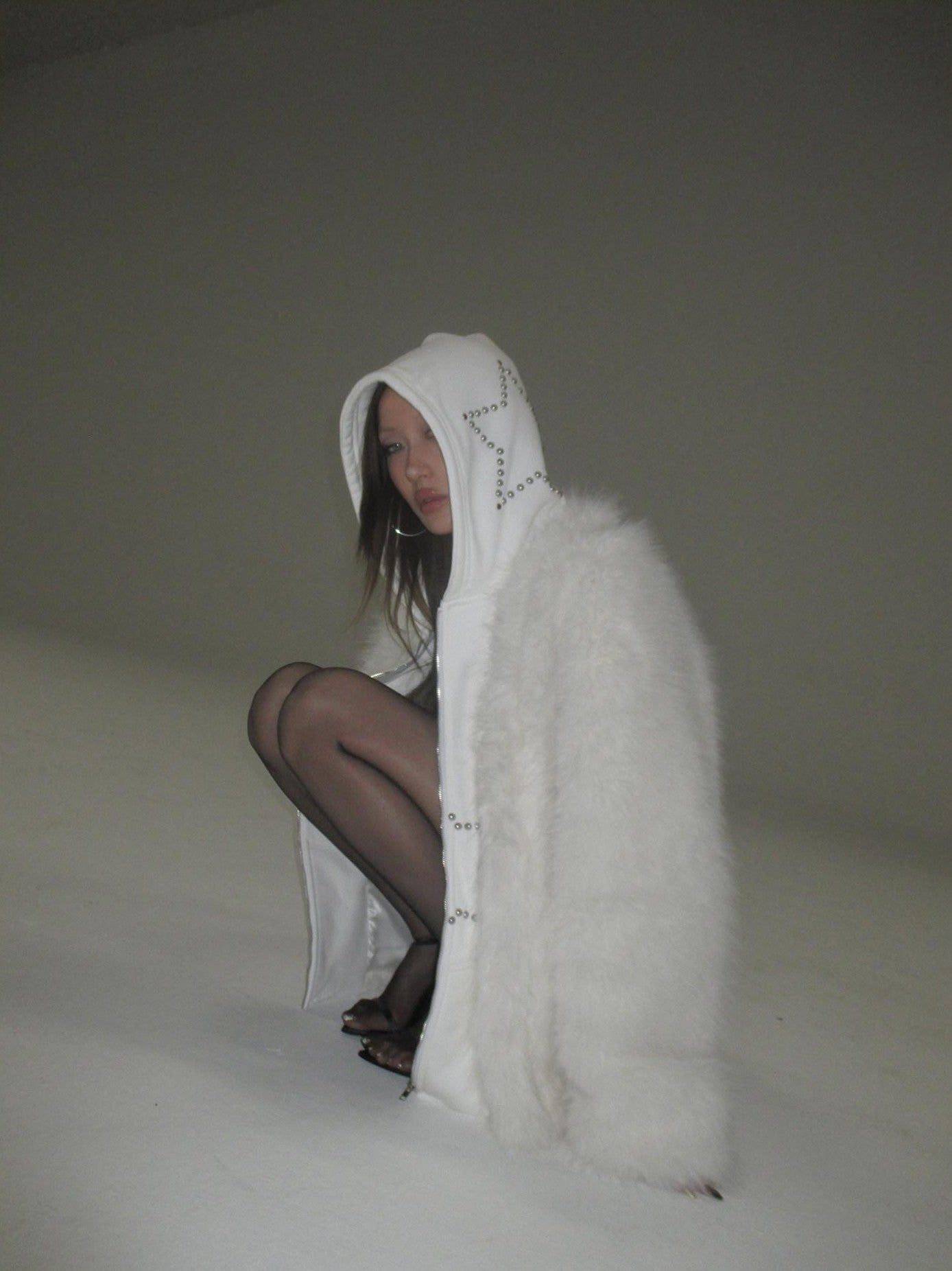FOURFORTY Hooded Star Rivet Detail Women's Eco Friendly Faux Fur Coats