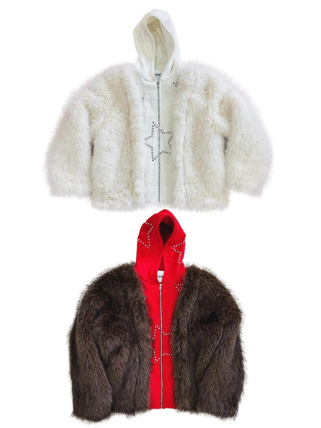 FOURFORTY Hooded Star Rivet Detail Women's Eco Friendly Faux Fur Coats