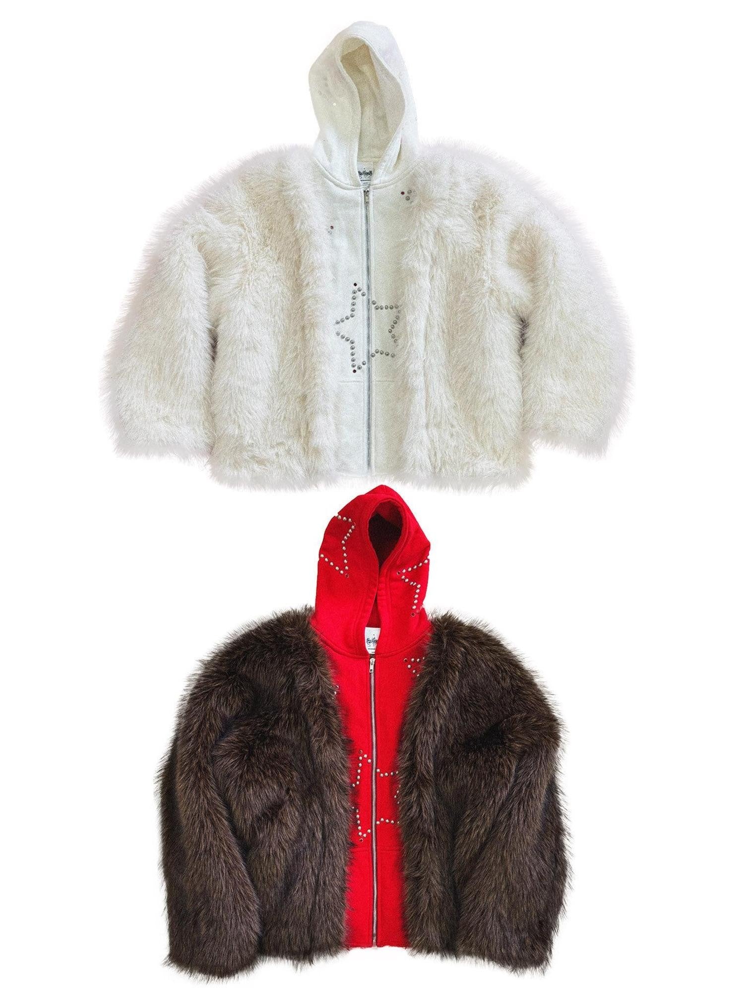 FOURFORTY Hooded Star Rivet Detail Women's Eco Friendly Faux Fur Coats