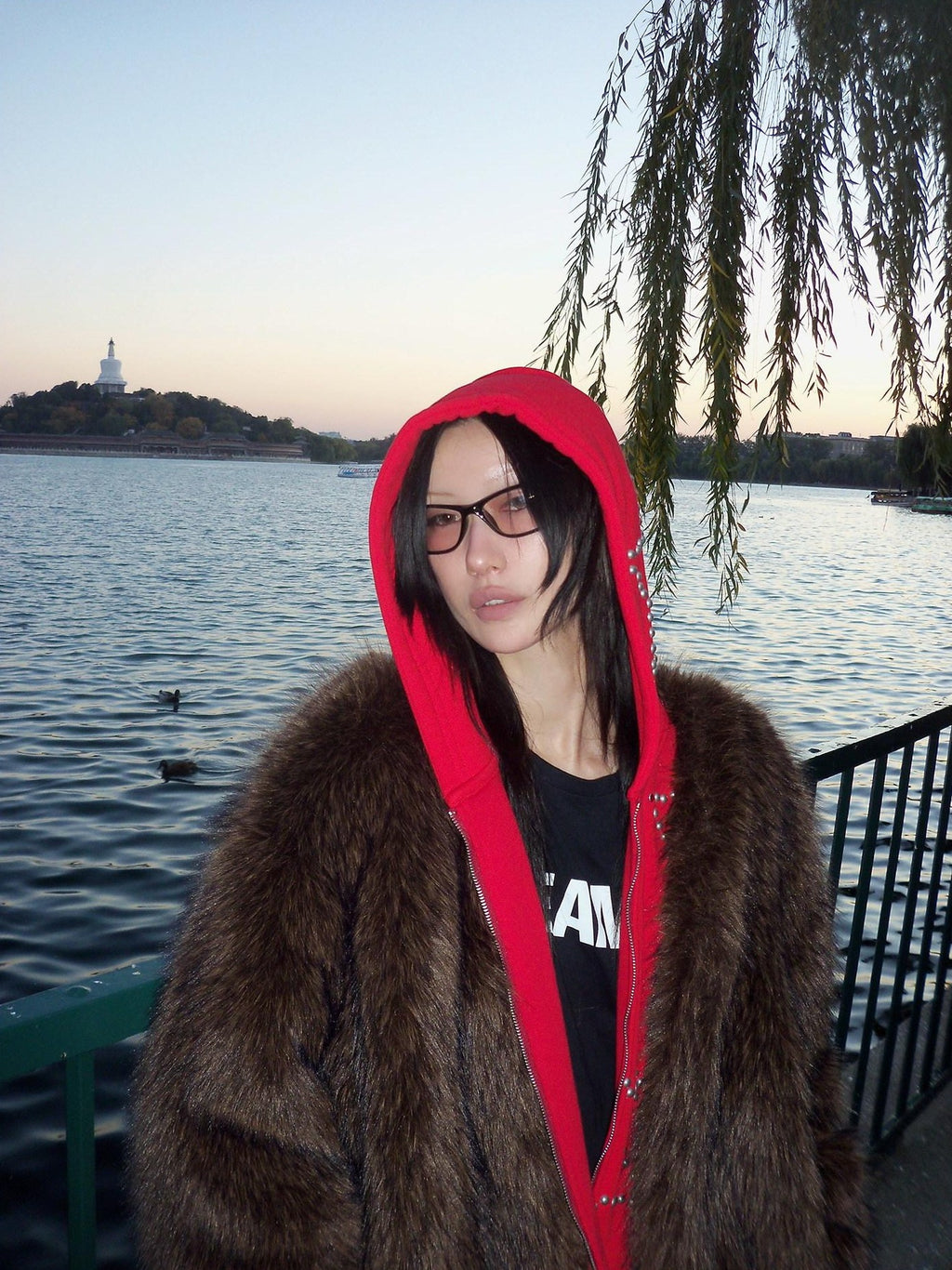 FOURFORTY Hooded Star Rivet Detail Women's Eco Friendly Faux Fur Coats