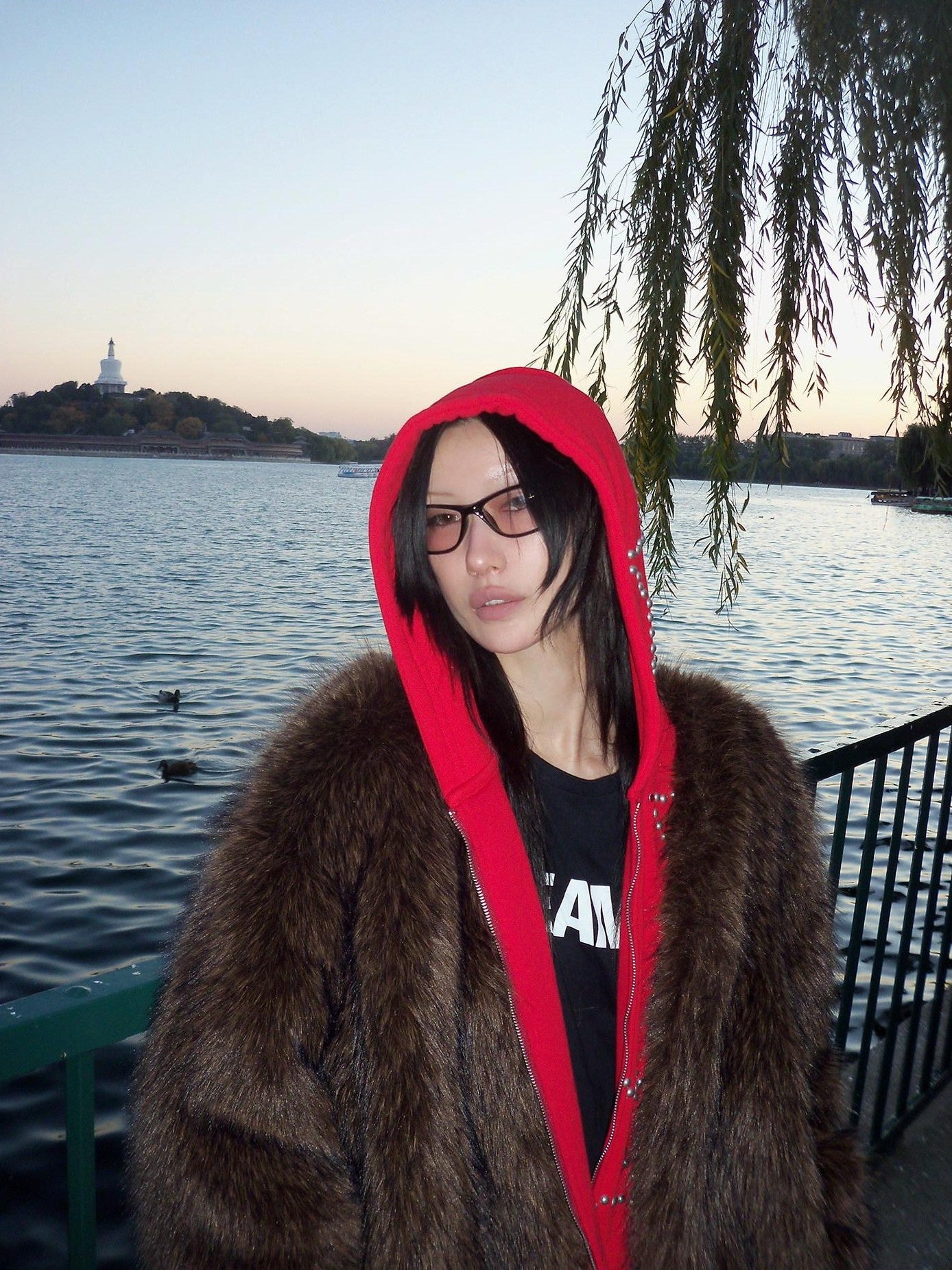 FOURFORTY Hooded Star Rivet Detail Women's Eco Friendly Faux Fur Coats