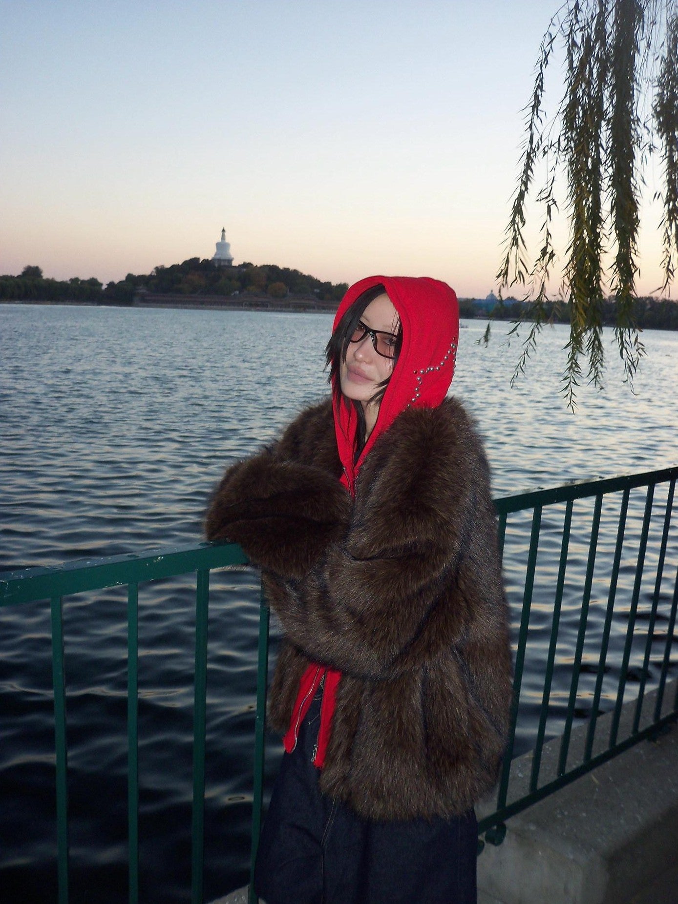 FOURFORTY Hooded Star Rivet Detail Women's Eco Friendly Faux Fur Coats
