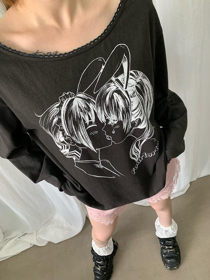 FOURFORTY Kiss Print Skin Friendly Drop Shoulder Women's Cotton Long Sleeve T-shirts