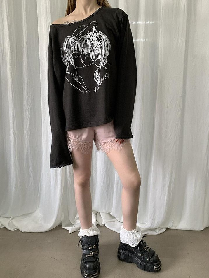 FOURFORTY Kiss Print Skin Friendly Drop Shoulder Women's Cotton Long Sleeve T-shirts