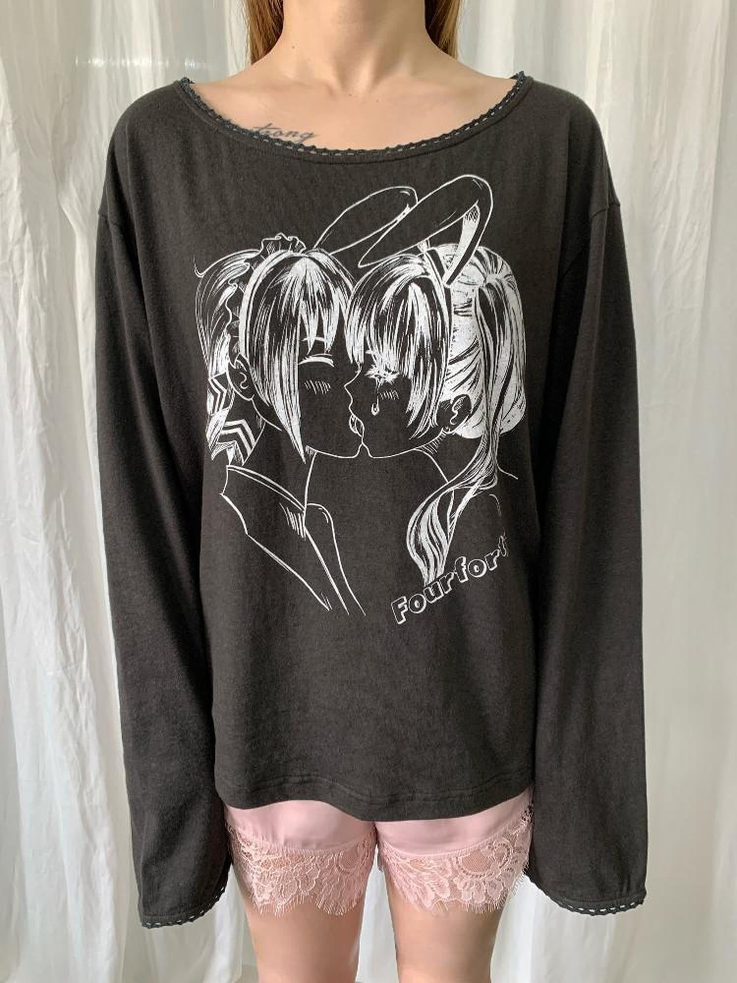 FOURFORTY Kiss Print Skin Friendly Drop Shoulder Women's Cotton Long Sleeve T-shirts