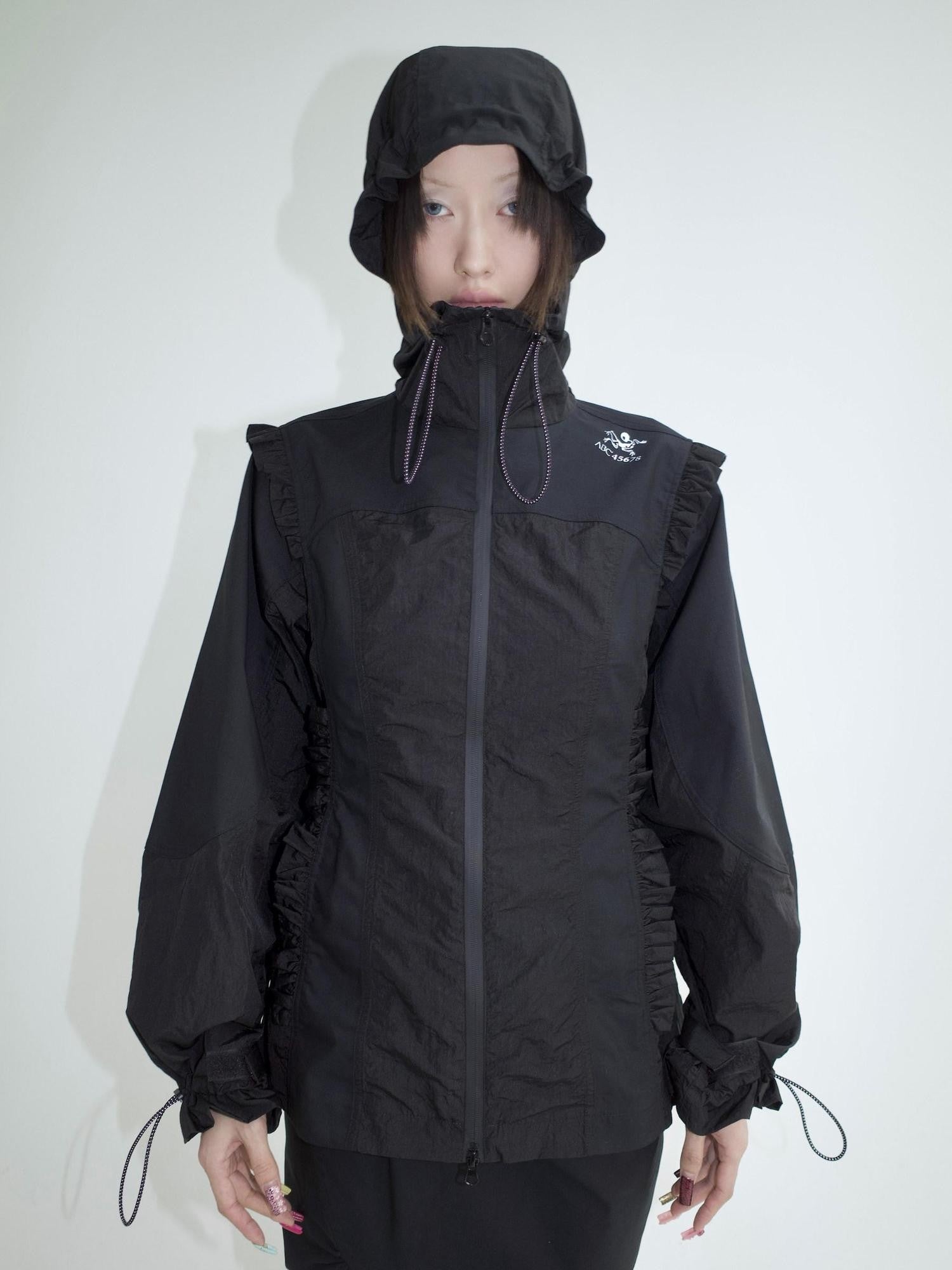 FOURFORTY Lace Trim Oversized Hooded Bishop Sleeve Women's Polyester Lightweight Jackets