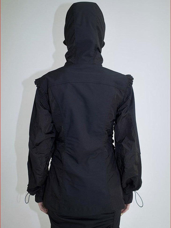 FOURFORTY Lace Trim Oversized Hooded Bishop Sleeve Women's Polyester Lightweight Jackets