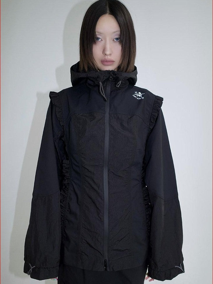 FOURFORTY Lace Trim Oversized Hooded Bishop Sleeve Women's Polyester Lightweight Jackets