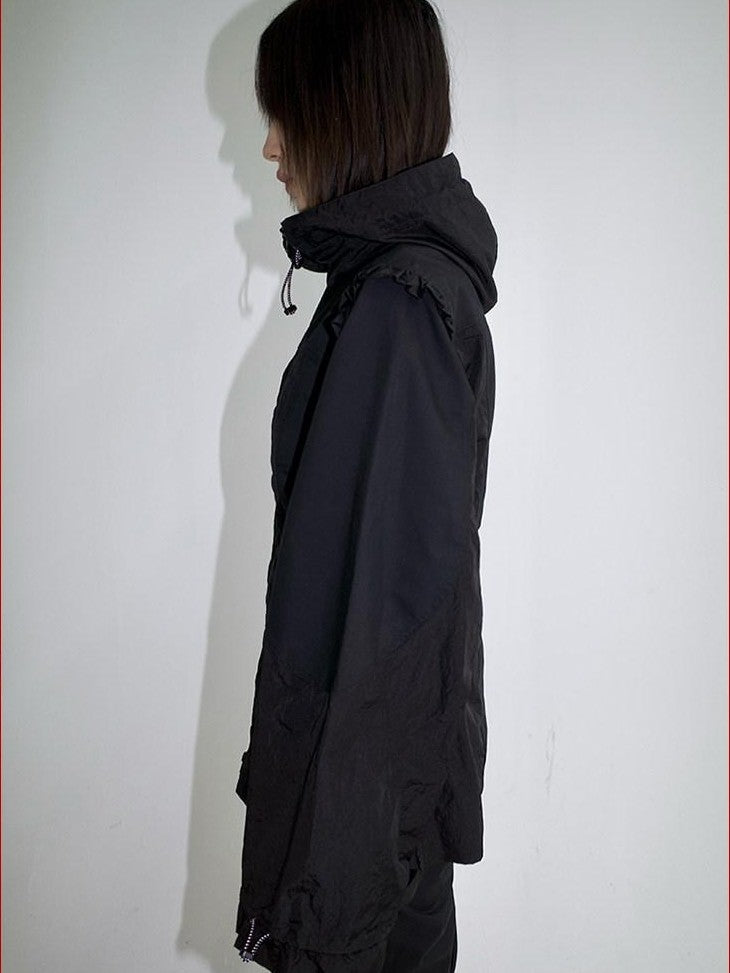 FOURFORTY Lace Trim Oversized Hooded Bishop Sleeve Women's Polyester Lightweight Jackets