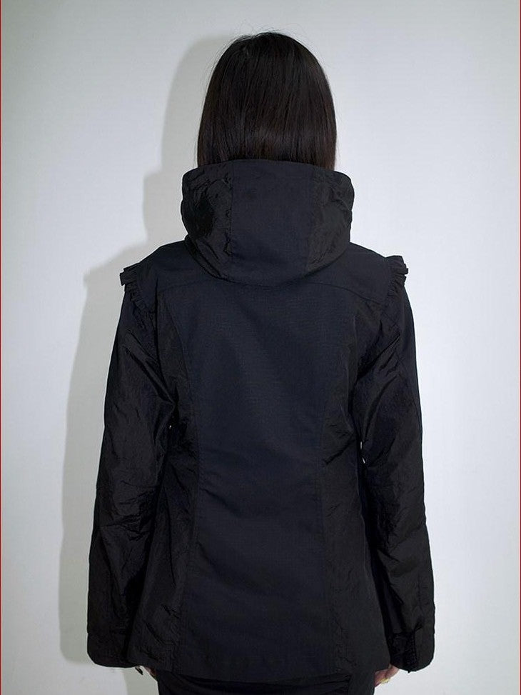FOURFORTY Lace Trim Oversized Hooded Bishop Sleeve Women's Polyester Lightweight Jackets