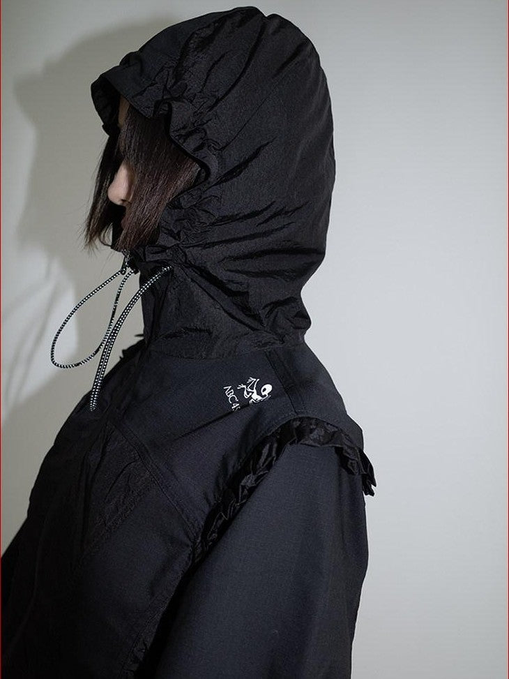 FOURFORTY Lace Trim Oversized Hooded Bishop Sleeve Women's Polyester Lightweight Jackets