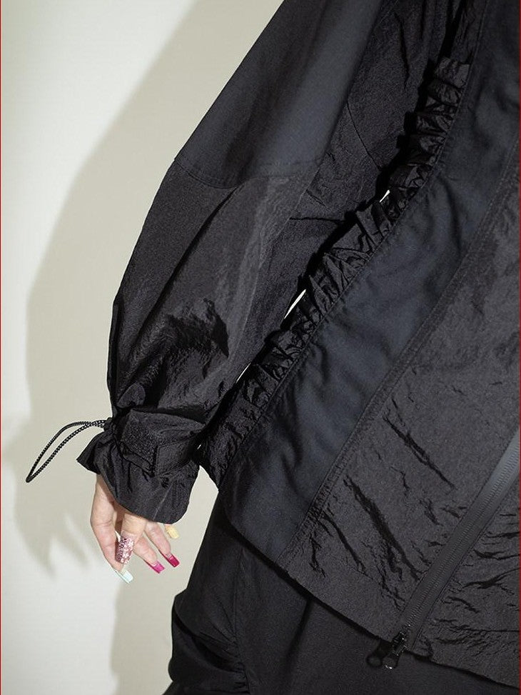 FOURFORTY Lace Trim Oversized Hooded Bishop Sleeve Women's Polyester Lightweight Jackets