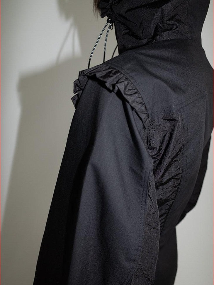 FOURFORTY Lace Trim Oversized Hooded Bishop Sleeve Women's Polyester Lightweight Jackets