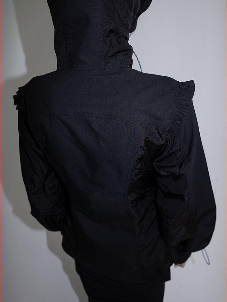 FOURFORTY Lace Trim Oversized Hooded Bishop Sleeve Women's Polyester Lightweight Jackets