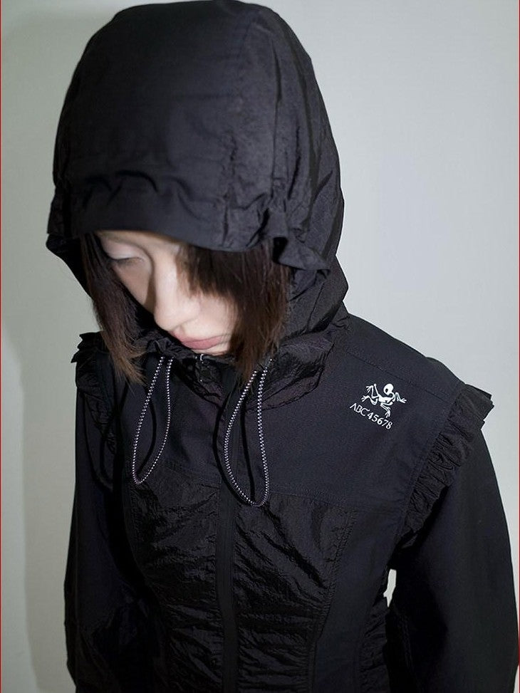 FOURFORTY Lace Trim Oversized Hooded Bishop Sleeve Women's Polyester Lightweight Jackets