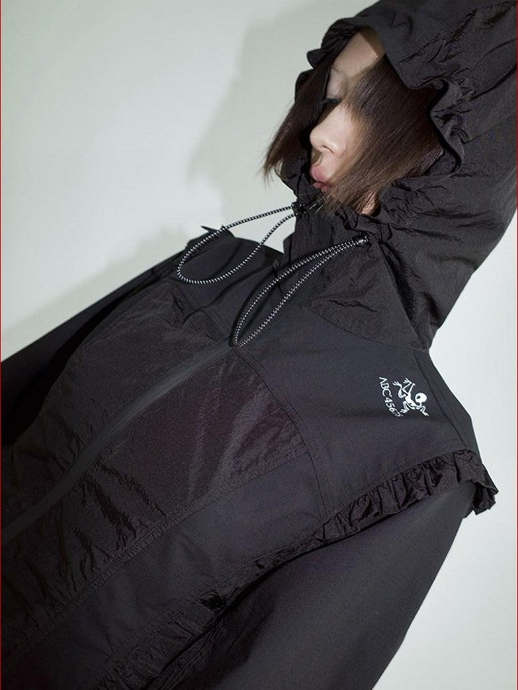 FOURFORTY Lace Trim Oversized Hooded Bishop Sleeve Women's Polyester Lightweight Jackets