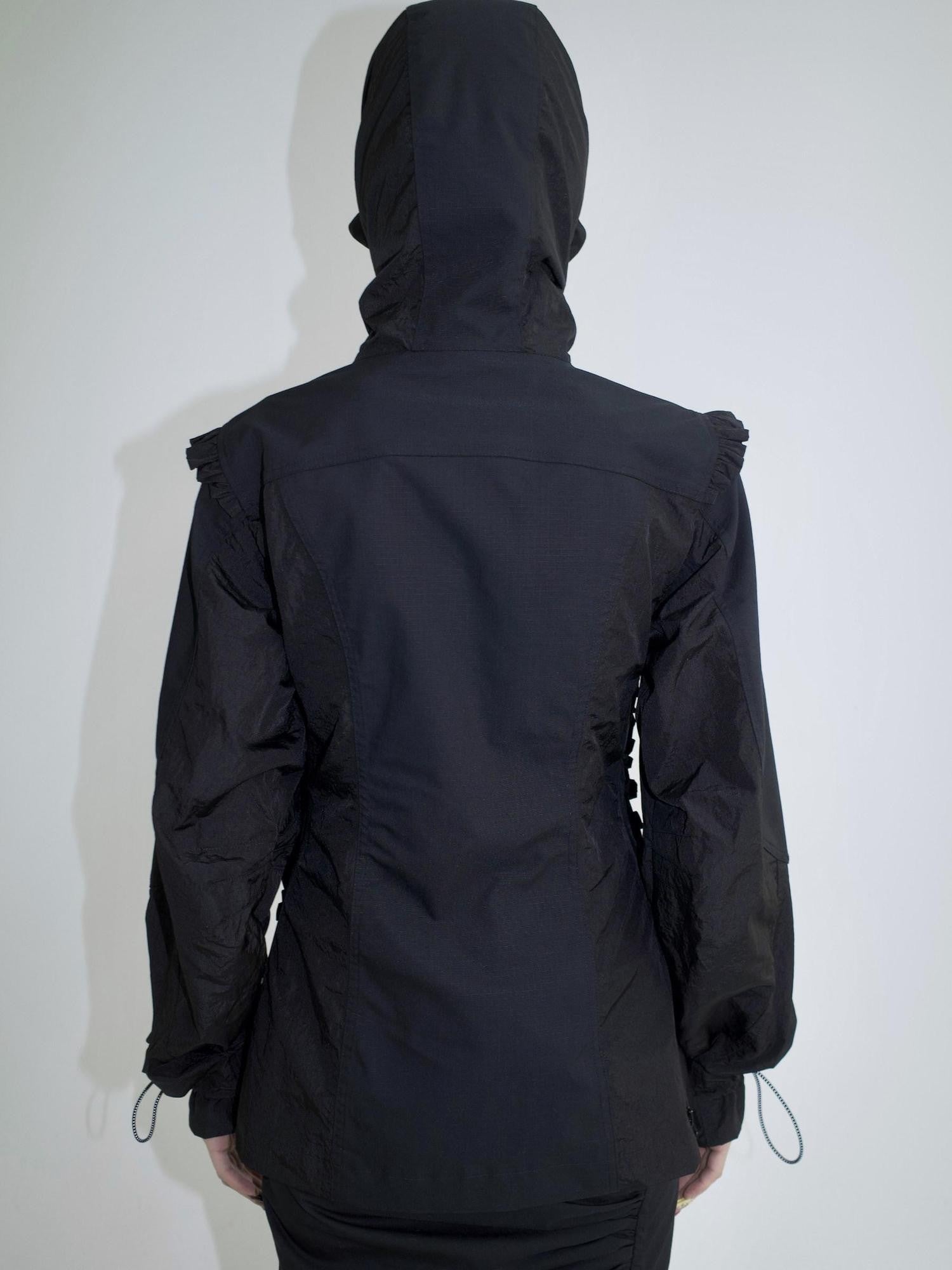FOURFORTY Lace Trim Oversized Hooded Bishop Sleeve Women's Polyester Lightweight Jackets