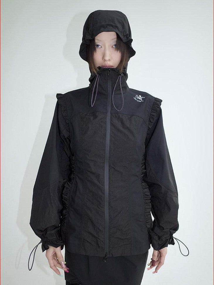 FOURFORTY Lace Trim Oversized Hooded Bishop Sleeve Women's Polyester Lightweight Jackets