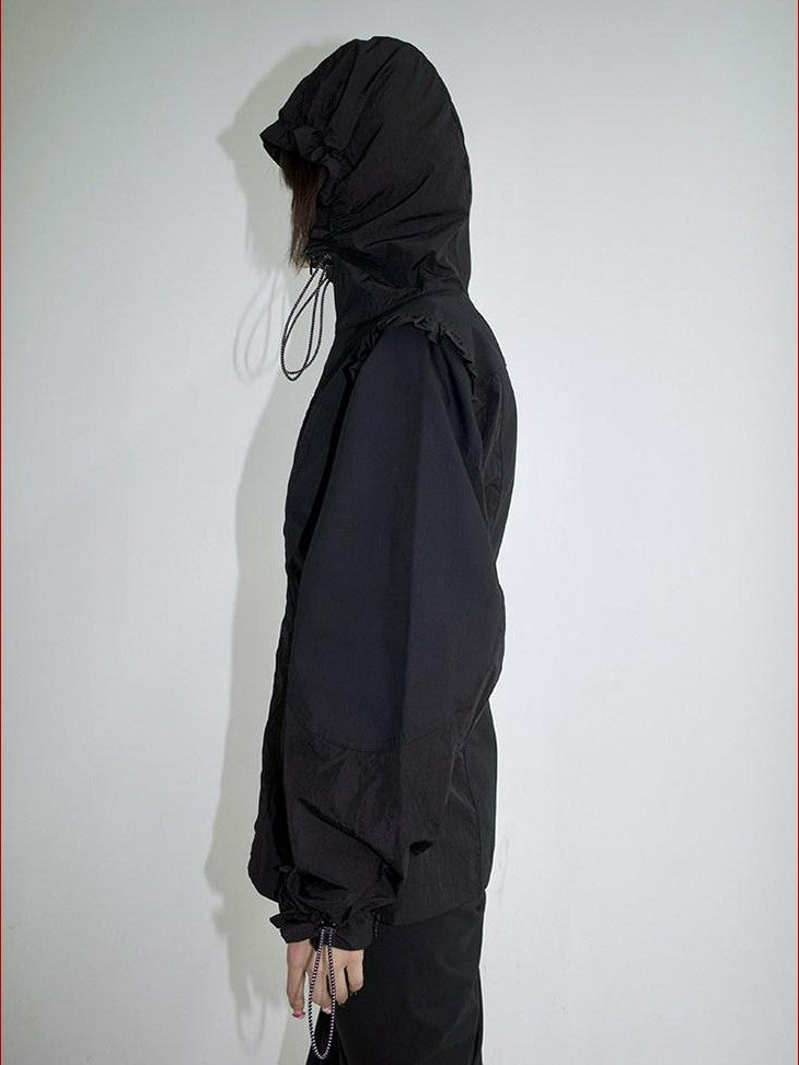 FOURFORTY Lace Trim Oversized Hooded Bishop Sleeve Women's Polyester Lightweight Jackets