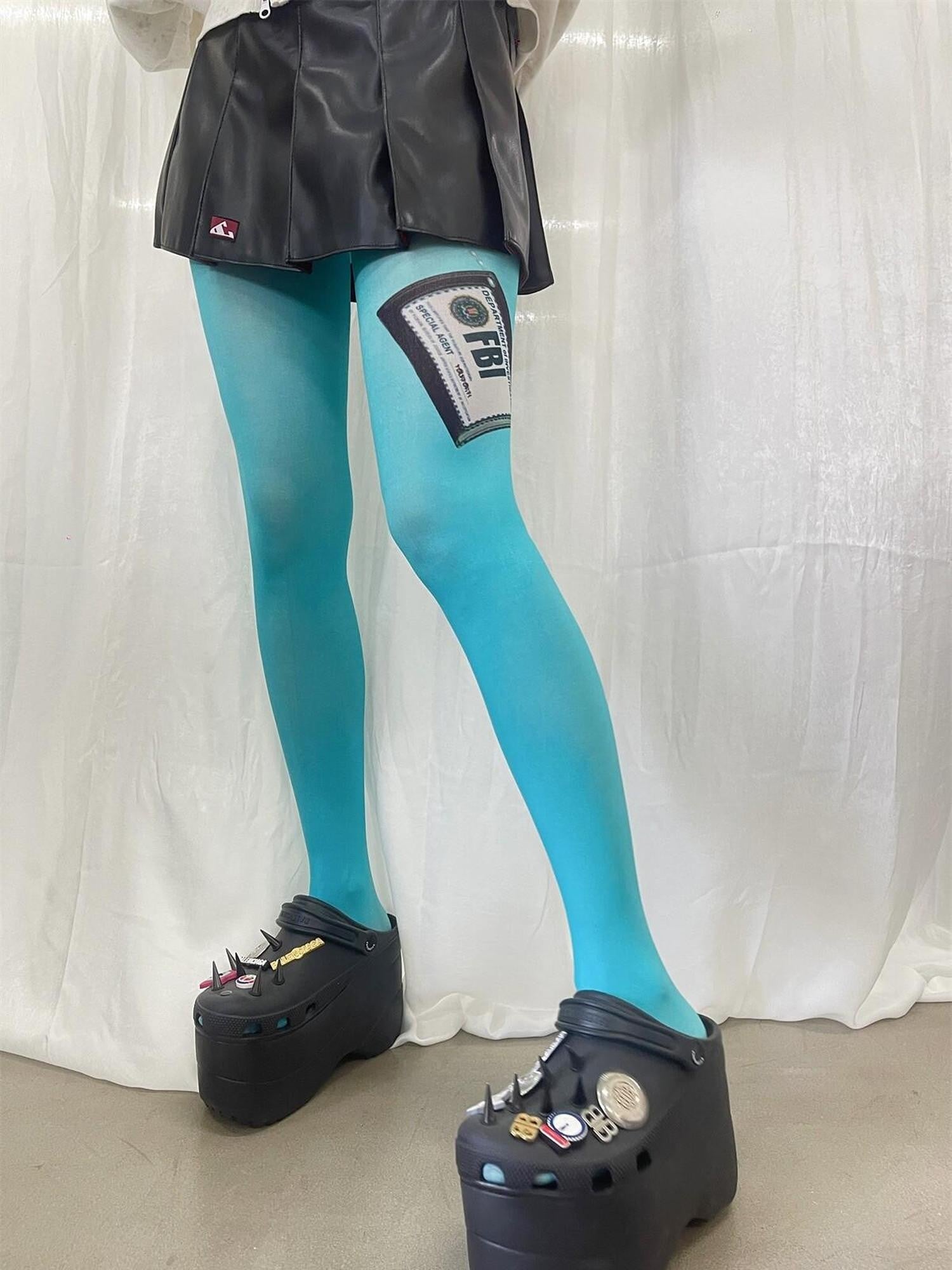 FOURFORTY Lake Blue White Two Tone Secret Agent Badge Print Women's Panty Socks