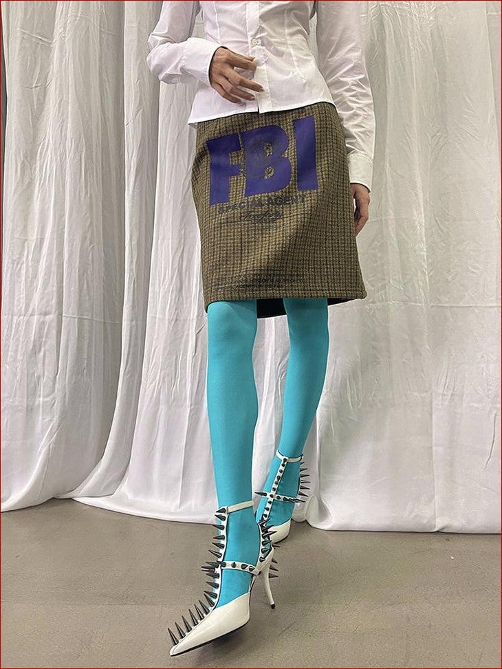 FOURFORTY Lake Blue White Two Tone Secret Agent Badge Print Women's Panty Socks