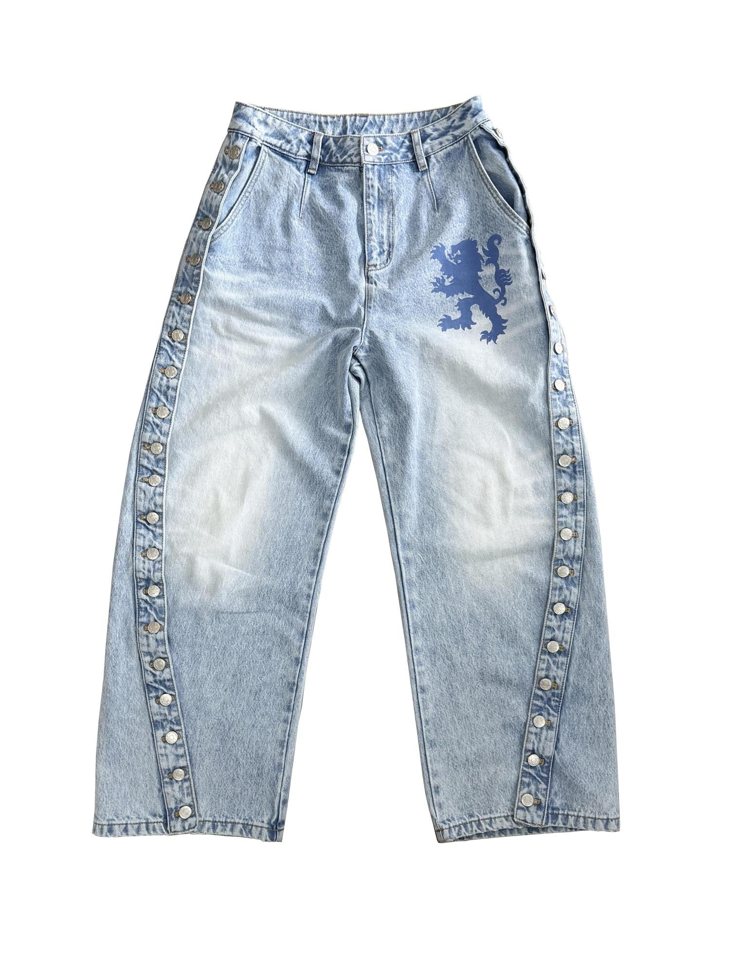 FOURFORTY Leg Flattering Fake Snap Button Placket Women's Denim Straight-leg Jeans