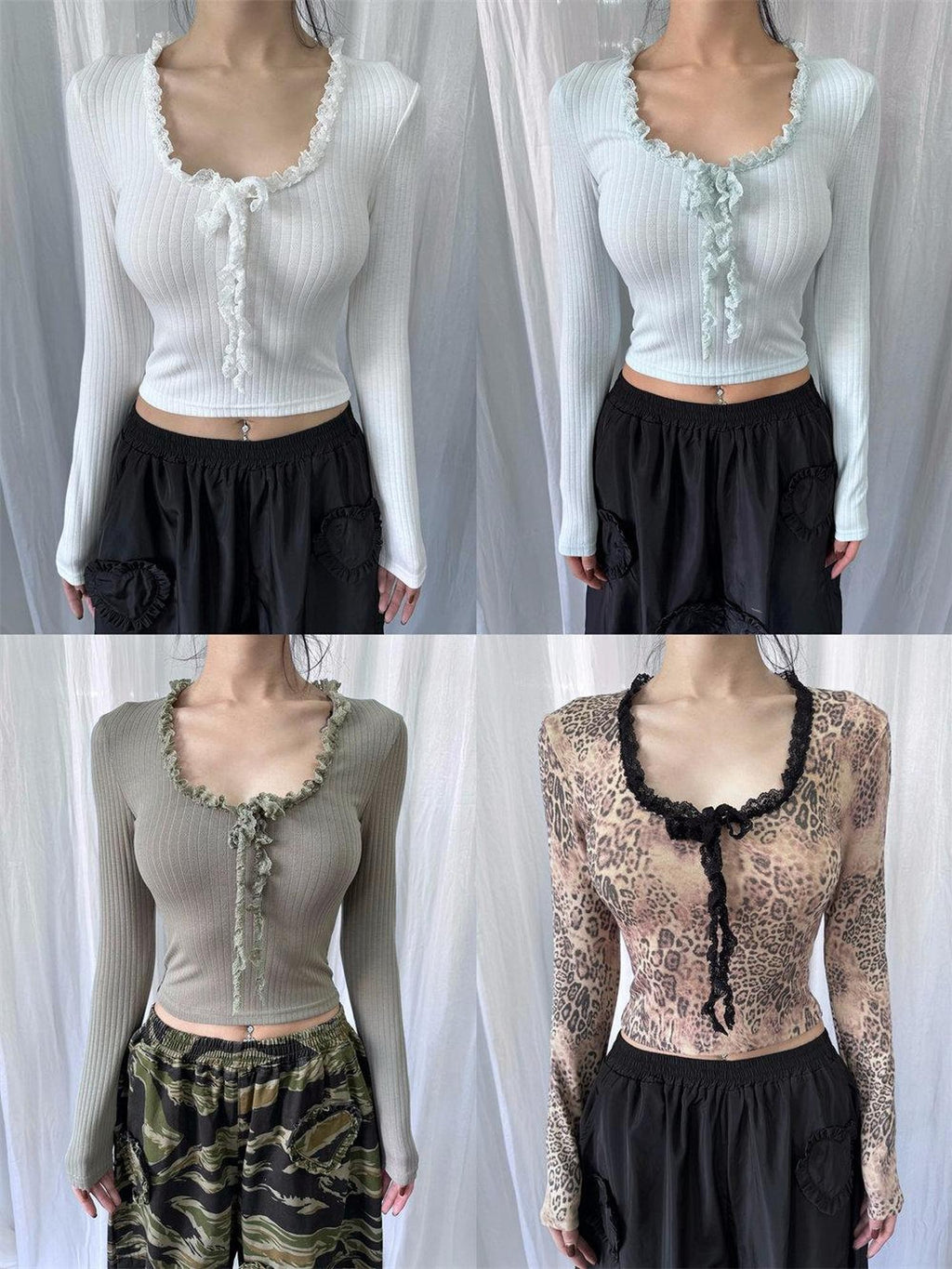 FOURFORTY Leopard Lace U Neck Slim Fit Women's Polyester Cotton Blend Long Sleeve T-shirts