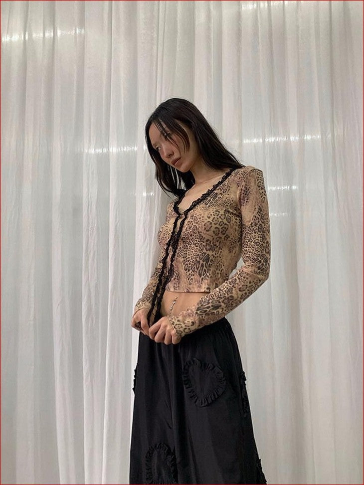 FOURFORTY Leopard Lace U Neck Slim Fit Women's Polyester Cotton Blend Long Sleeve T-shirts