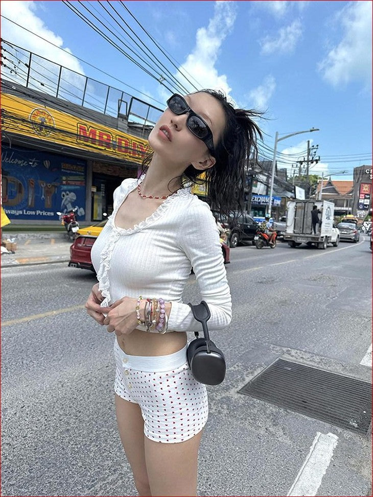 FOURFORTY Leopard Lace U Neck Slim Fit Women's Polyester Cotton Blend Long Sleeve T-shirts