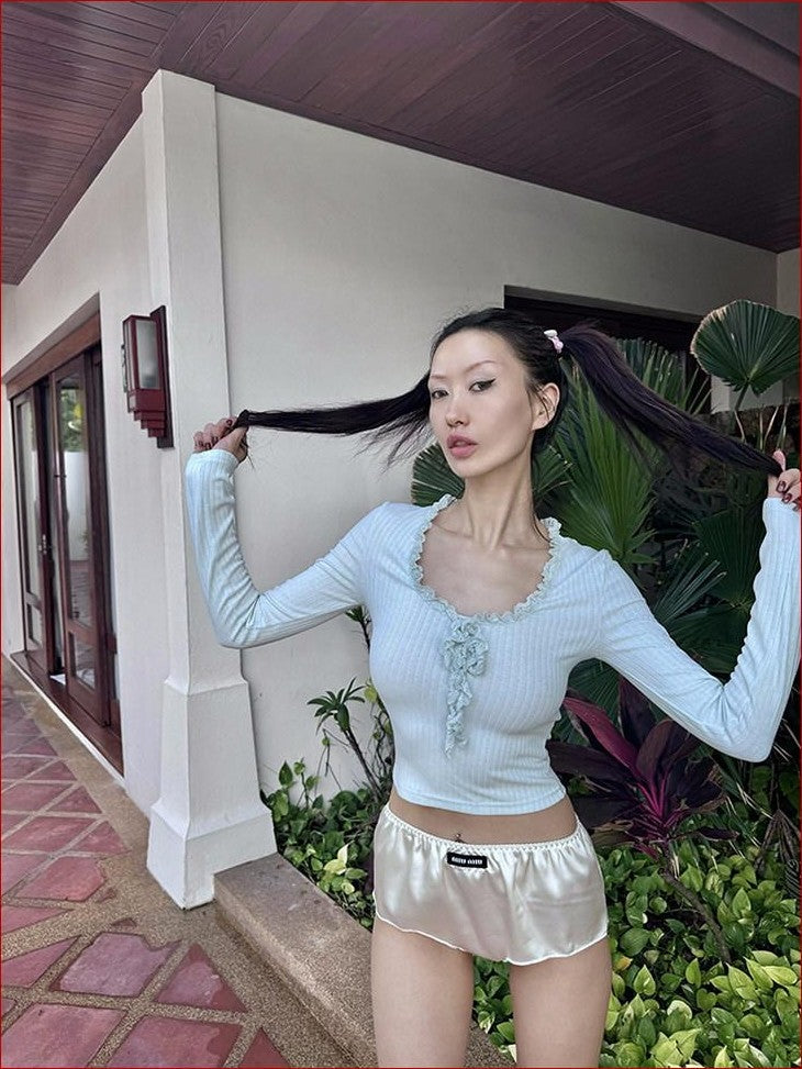 FOURFORTY Leopard Lace U Neck Slim Fit Women's Polyester Cotton Blend Long Sleeve T-shirts