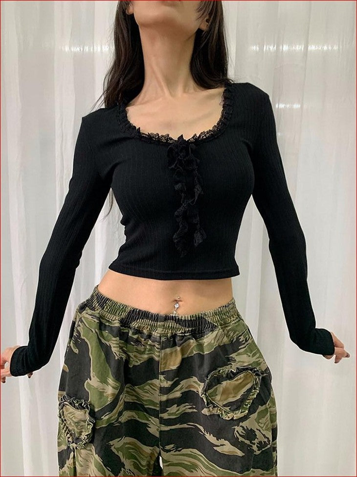 FOURFORTY Leopard Lace U Neck Slim Fit Women's Polyester Cotton Blend Long Sleeve T-shirts