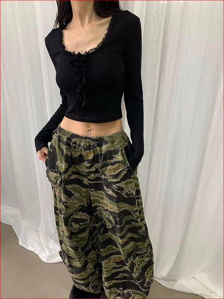 FOURFORTY Leopard Lace U Neck Slim Fit Women's Polyester Cotton Blend Long Sleeve T-shirts