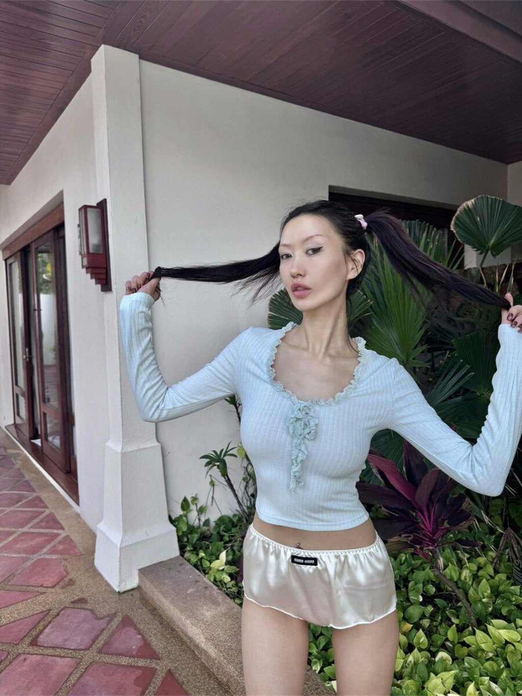 FOURFORTY Leopard Lace U Neck Slim Fit Women's Polyester Cotton Blend Long Sleeve T-shirts
